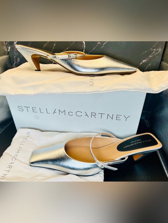 Stella McCartney Shoes - Stella McCartney Metallic Kitten Heels Pointed Square Slingback Mules Size 38